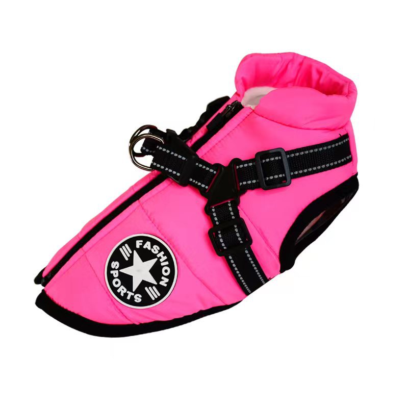 Bright pink insulated waterproof dog coat with black adjustable harness and fashion sports patch