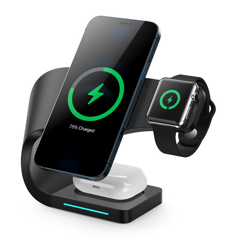 Black 3-in-1 wireless charging stand with smartphone, smartwatch, and earbuds charging