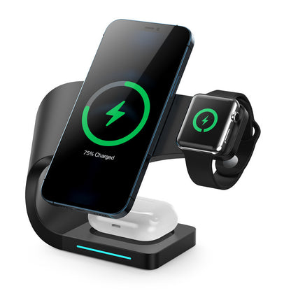 Black 3-in-1 wireless charging stand with smartphone, smartwatch, and earbuds charging