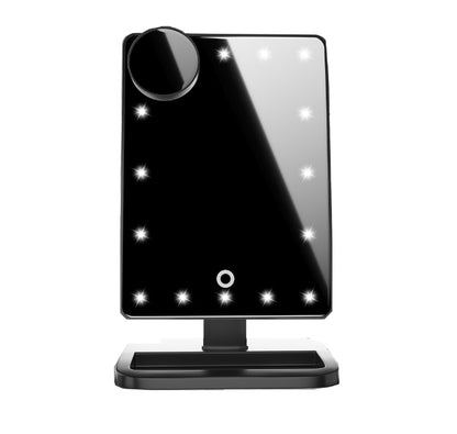 Black LED lighted makeup mirror with 10x magnifying mirror and Bluetooth speaker on stand