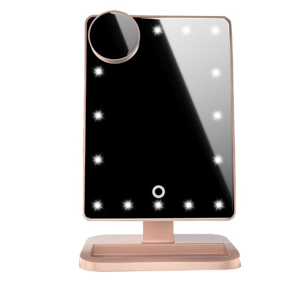 Black makeup mirror with LED lights, 10x magnifying circular mirror, rose gold stand and tray