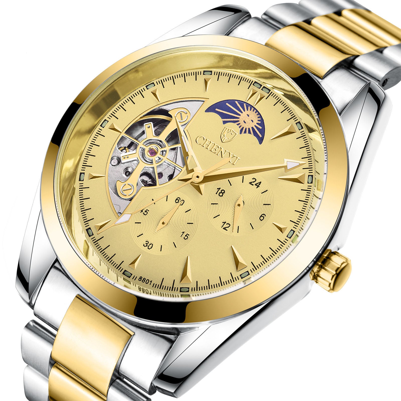 Gold-tone men's business watch with moon phase display and two-tone stainless steel strap