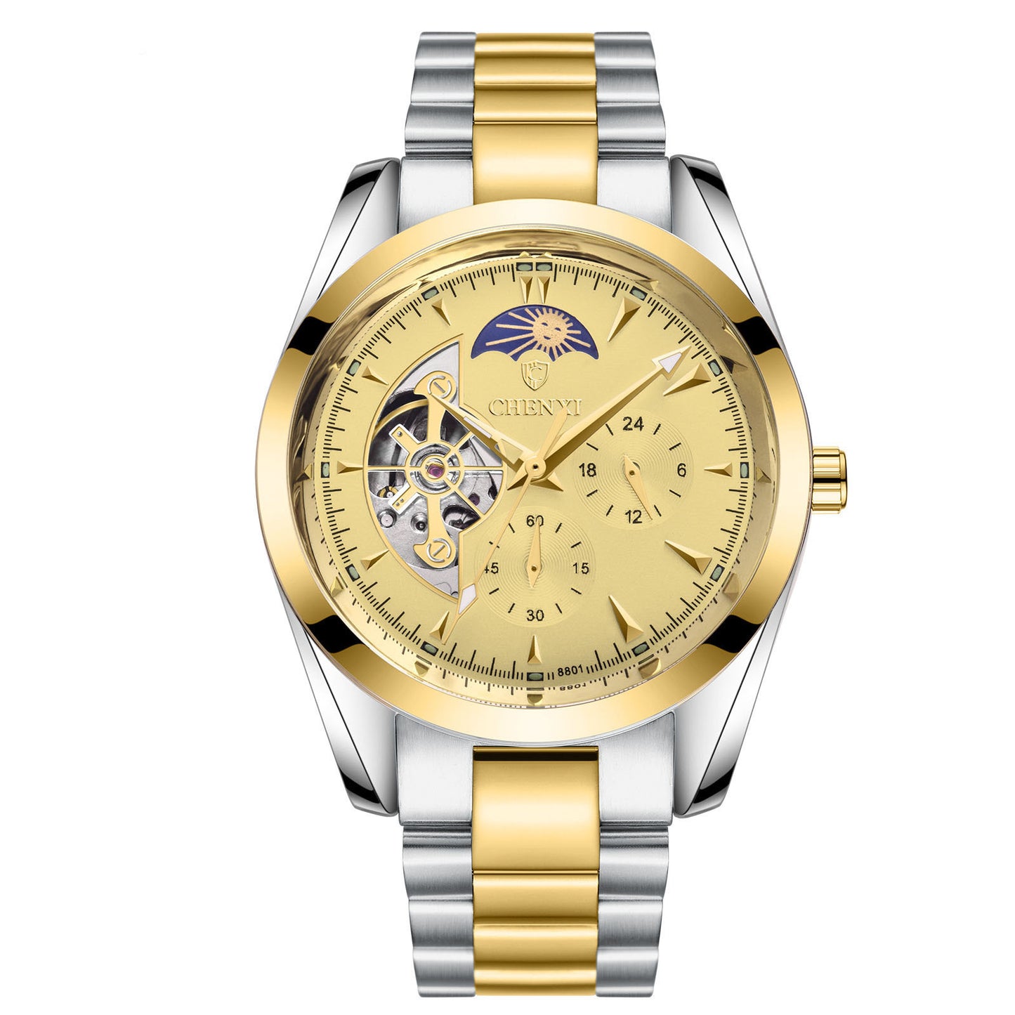 Men's black business watch with gold tone moon phase display and two-tone stainless steel strap