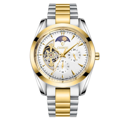 Men's business watch with gold-tone bezel, moon phase display, and stainless steel two-tone strap