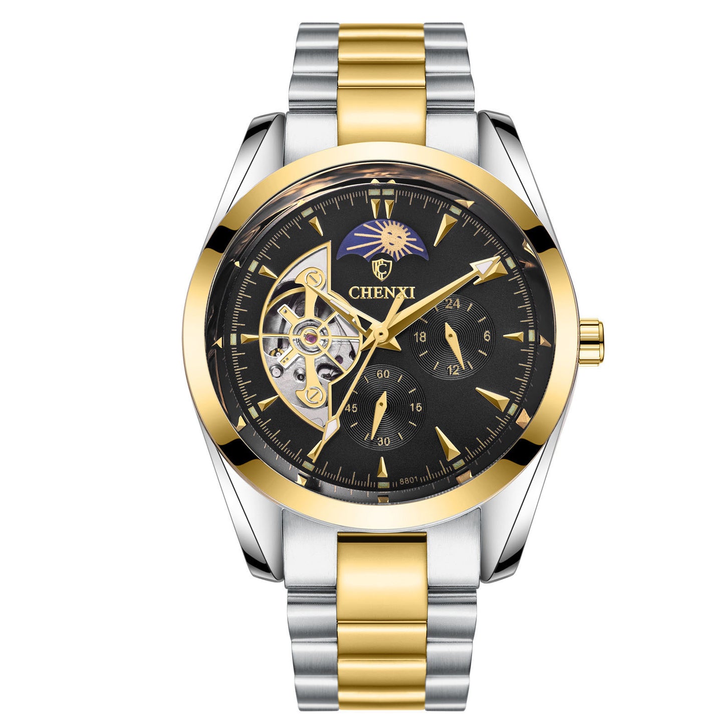 CHENXI men's two-tone gold and silver business watch with moon phase and black dial