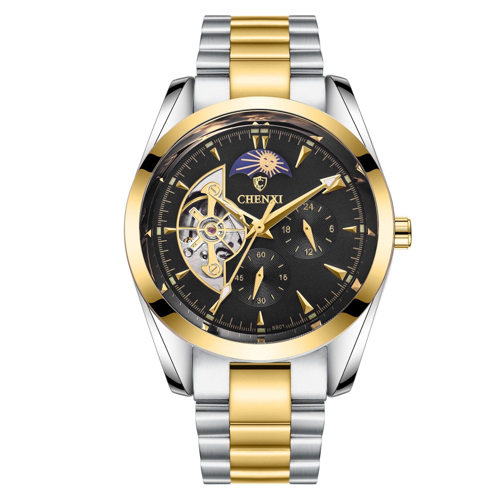 CHENXI men's two-tone gold and silver business watch with moon phase and black dial