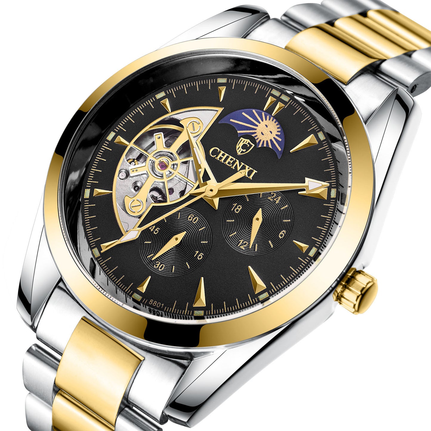 Two-tone stainless steel men's watch with black dial, gold markers, moon phase, and subdials