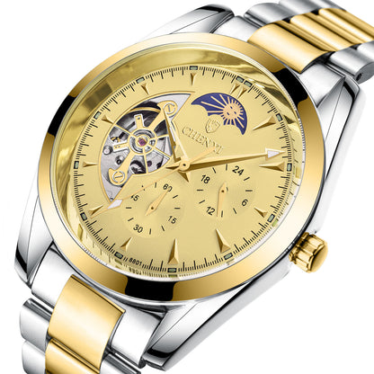 Gold tone CHENXI men's watch with moon phase display and stainless steel two-tone strap