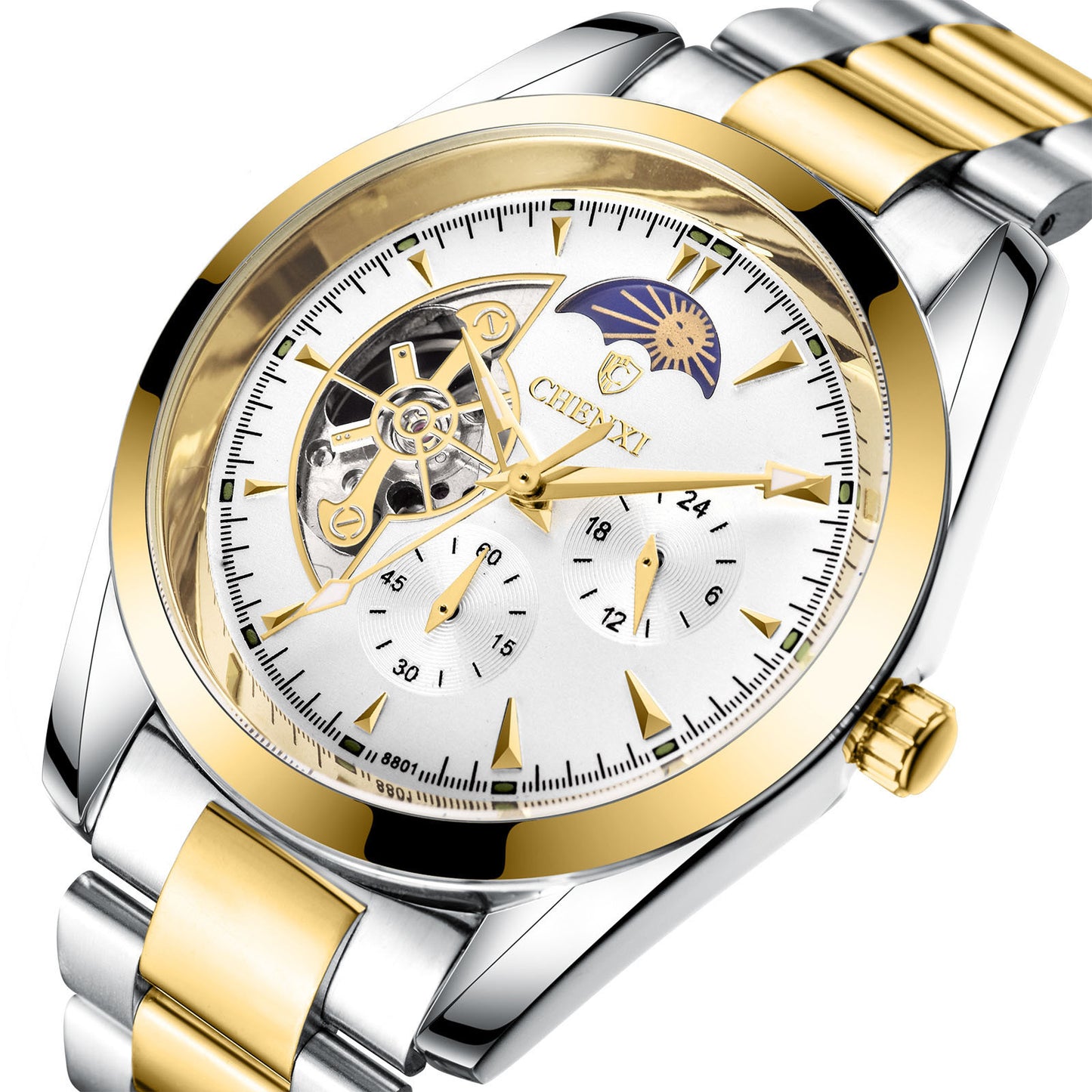CHENXI men's gold and silver business watch with moon phase and stainless steel strap