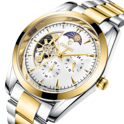 CHENXI men's gold and silver business watch with moon phase and stainless steel strap