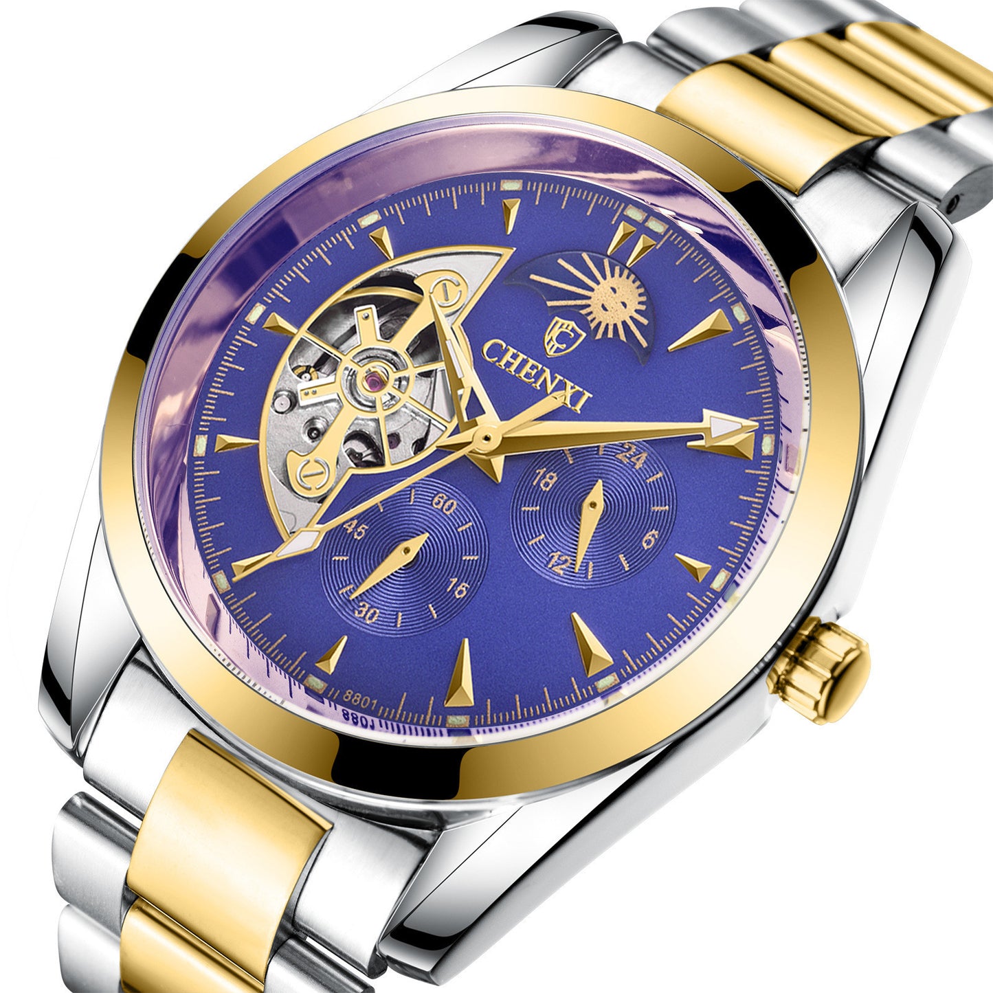 Luxury men's CHENXI watch with blue dial, gold-tone moon phase display, stainless steel two-tone bracelet