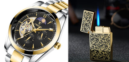 Luxury gold and silver men's wristwatch with moon phase display next to ornate gold and black lighter with blue flame