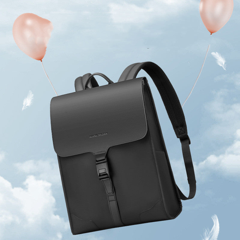 Black waterproof PU leather men's backpack with buckle and adjustable straps, floating with pink balloons and feathers