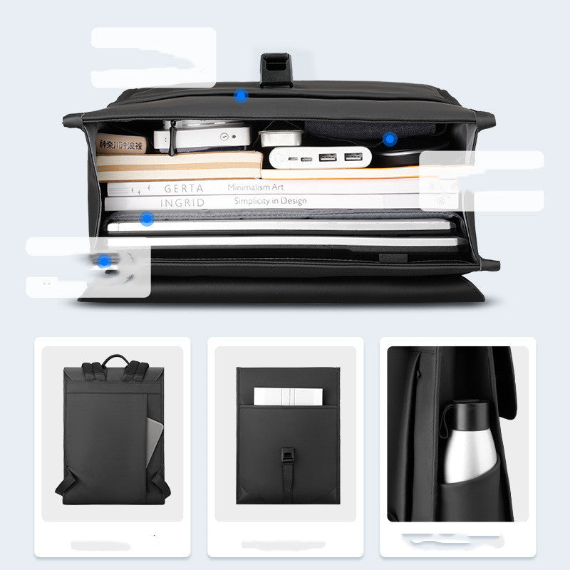 black leather shoulder bag open top view showing organized compartments with books, gadgets, and laptop