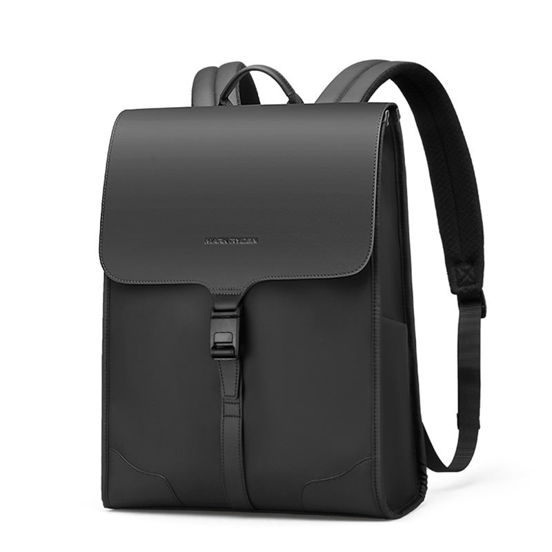 Black waterproof PU leather men's backpack with flap closure and adjustable padded straps