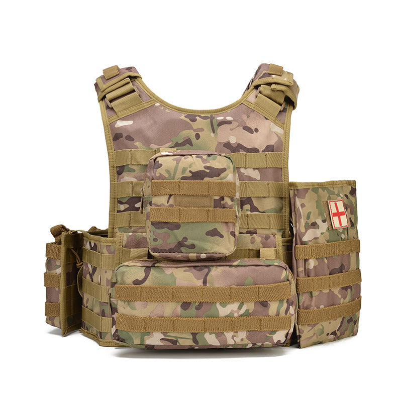 Multifunctional camouflage tactical vest with multiple pouches, MOLLE straps, and quick-drying fabric