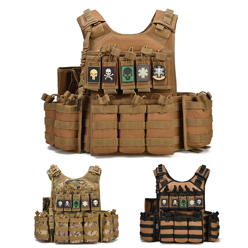 Tactical MOLLE vests in brown, camouflage, and black with multiple pouches and skull patches