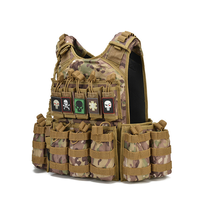Multi-pocket camo tactical vest with skull patches and MOLLE webbing, quick-dry fabric