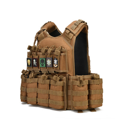 brown tactical vest with multiple pouches and colorful patches on front, quick-drying oxford cloth