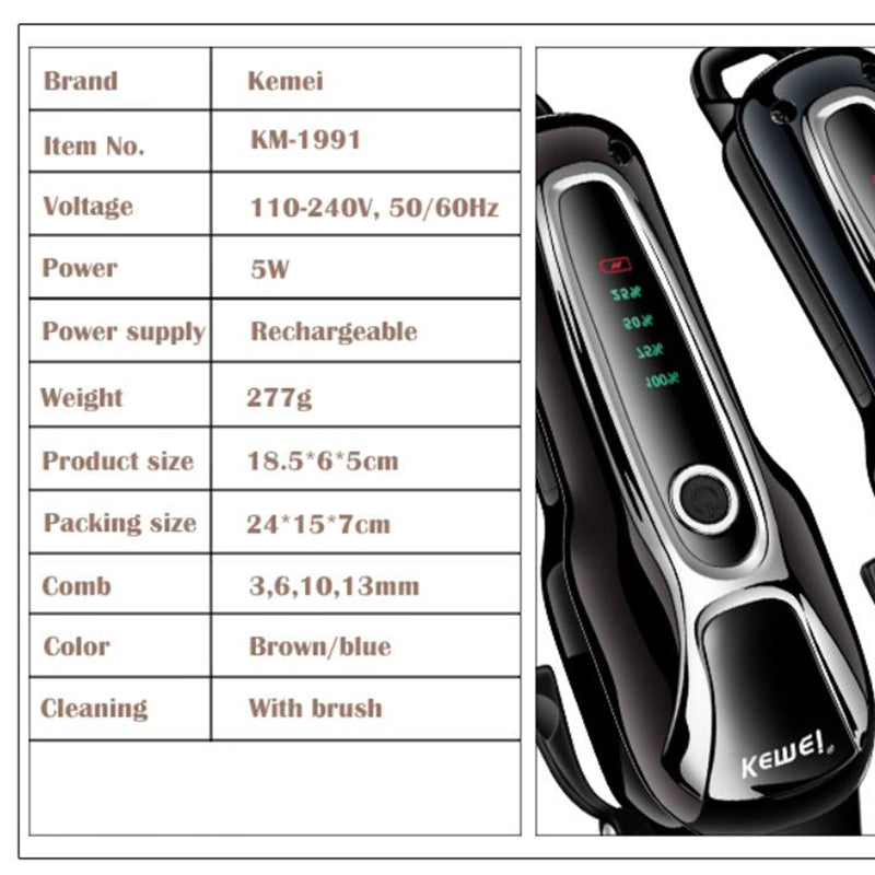 Kemei KM-1991 rechargeable black pet clipper with LED display and durable blades