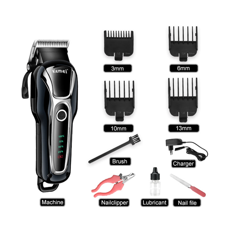 Kemei black rechargeable pet clipper with four guard combs (3mm, 6mm, 10mm, 13mm), brush, charger, nail clipper, lubricant, and nail file