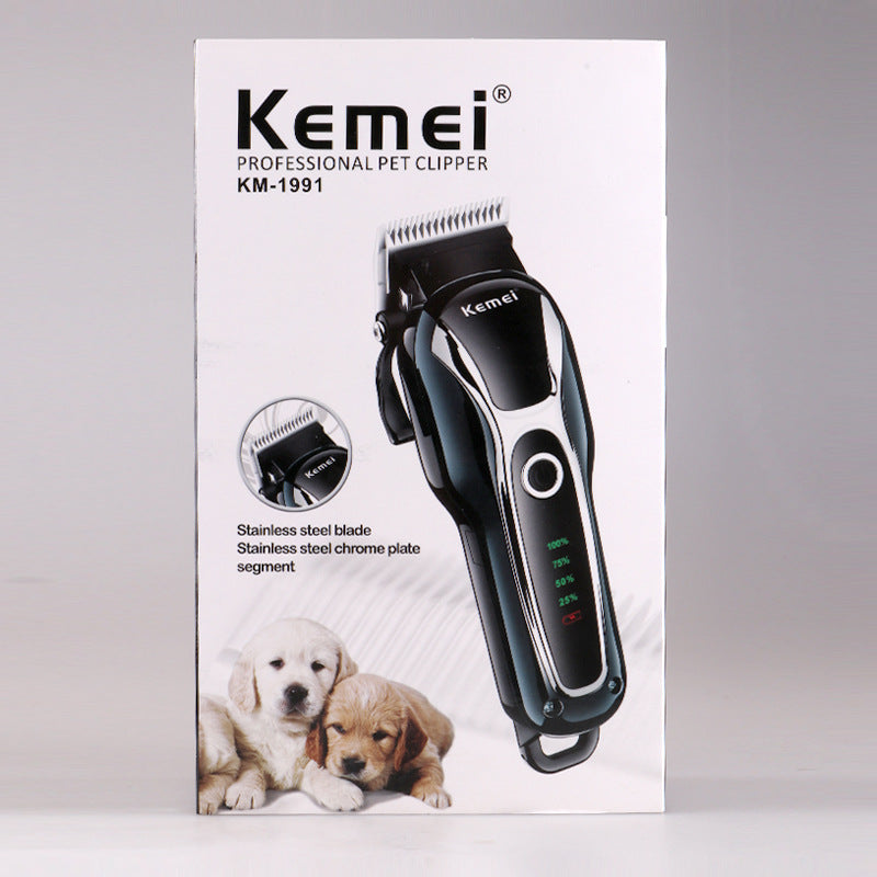 Kemei KM-1991 black professional pet clipper with stainless steel blade and two puppies on white background