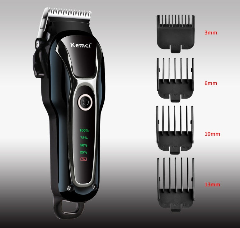 Kemei black rechargeable pet hair clipper with power button and battery level indicators, plus 3mm, 6mm, 10mm, 13mm clipper guards
