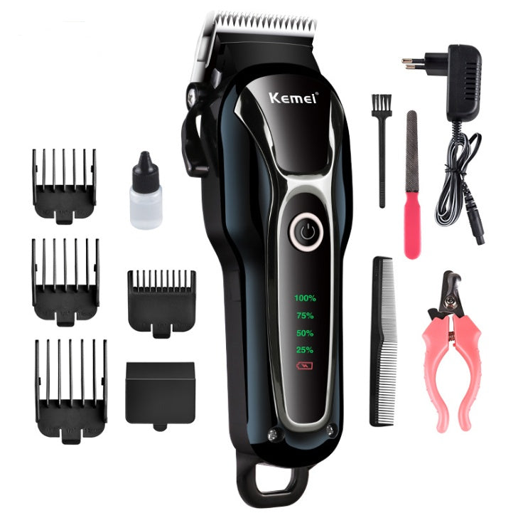 Kemei black cordless pet hair clipper with LED battery indicator, combs, nail trimmer, oil, charger, and grooming tools