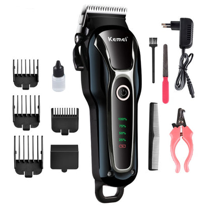 Kemei black cordless pet hair clipper with LED battery indicator, combs, nail trimmer, oil, charger, and grooming tools