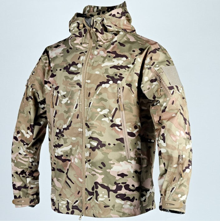 Men's camouflage tactical jacket with zip pockets, high collar, and adjustable cuffs