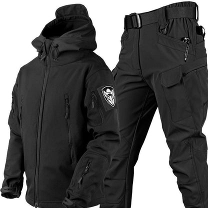 black tactical hooded jacket and cargo pants set with multiple zipped pockets and adjustable belt
