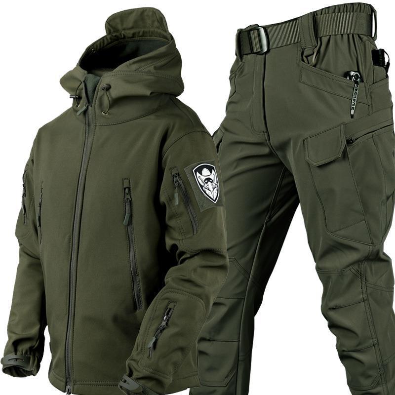 Men's olive green tactical jacket and pants with multiple zippered pockets and adjustable waist belt