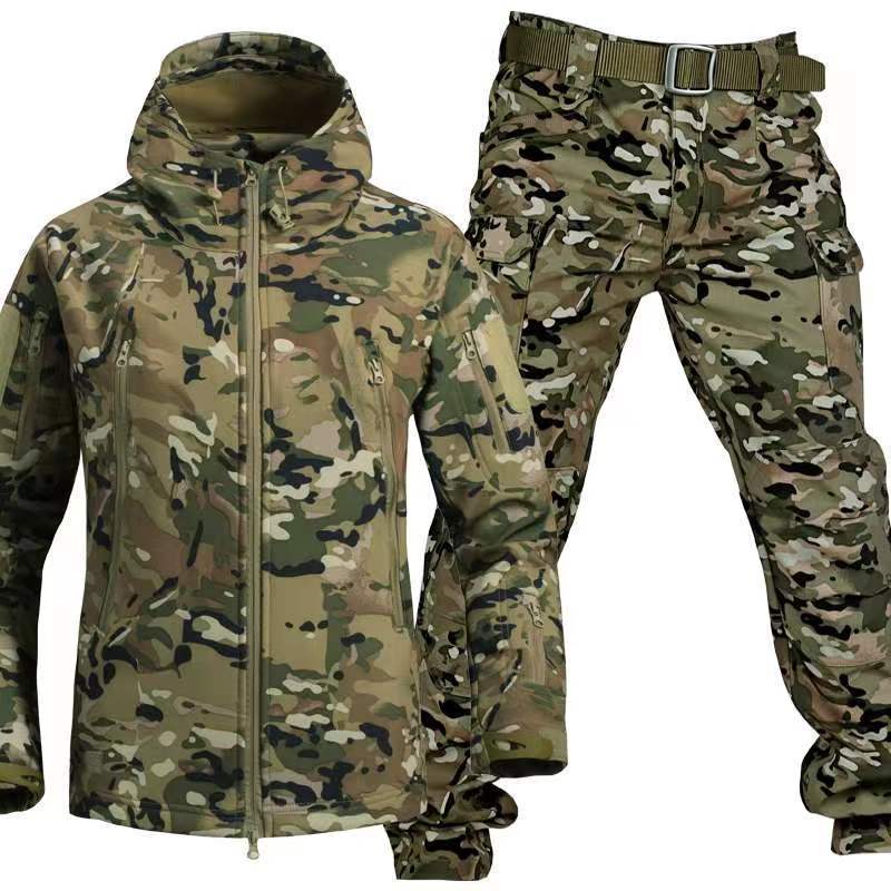 Men's tactical camouflage jacket with hood and matching cargo pants with belt