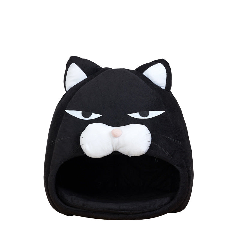 Black cozy cat bed shaped like a cat face with white ears and a plush nose, featuring a removable cover