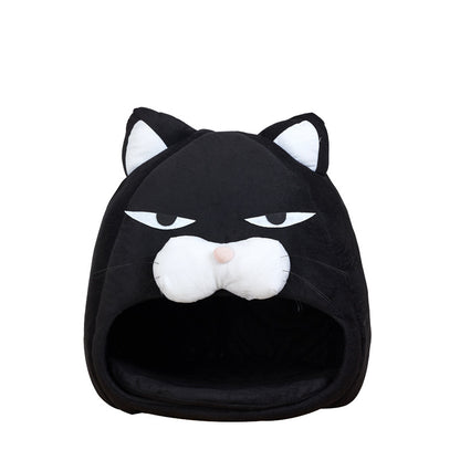 Black cozy cat bed shaped like a cat face with white ears and a plush nose, featuring a removable cover