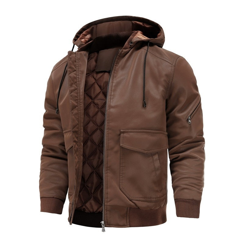 brown leather men's jacket with quilted inner lining, detachable hood, front pockets and zipper details