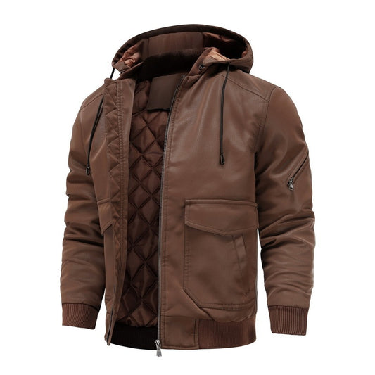 brown leather men's jacket with quilted inner lining, detachable hood, front pockets and zipper details