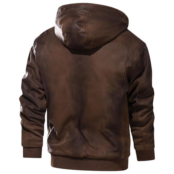Back view of men's brown leather jacket with attached hood and ribbed cuffs
