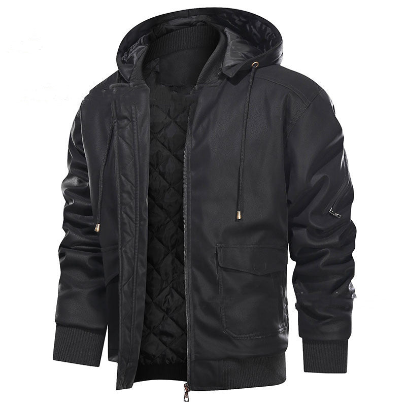 Men's black leather motorcycle jacket with removable hood, quilted lining, zip and pocket details