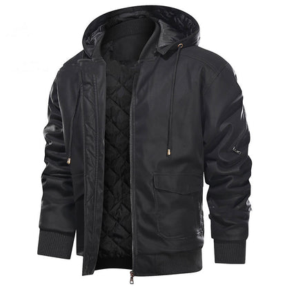 Men's black leather motorcycle jacket with removable hood, quilted lining, zip and pocket details
