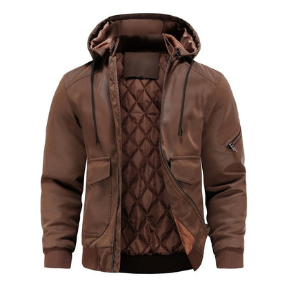 Men's brown leather motorcycle jacket with removable hood and quilted lining