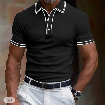 Black men's casual short sleeve polo shirt with white striped lapel and cuffs