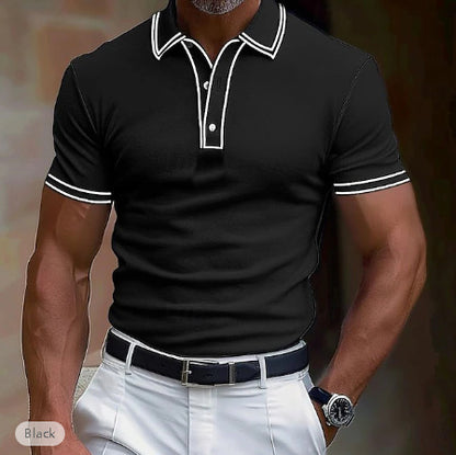 Black men's casual short sleeve polo shirt with white striped lapel and cuffs
