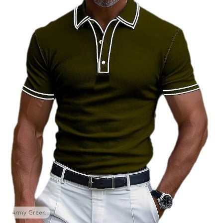 Muscular man wearing an army green short-sleeve polo shirt with white trim and white pants, accessorized with a black belt and wristwatch