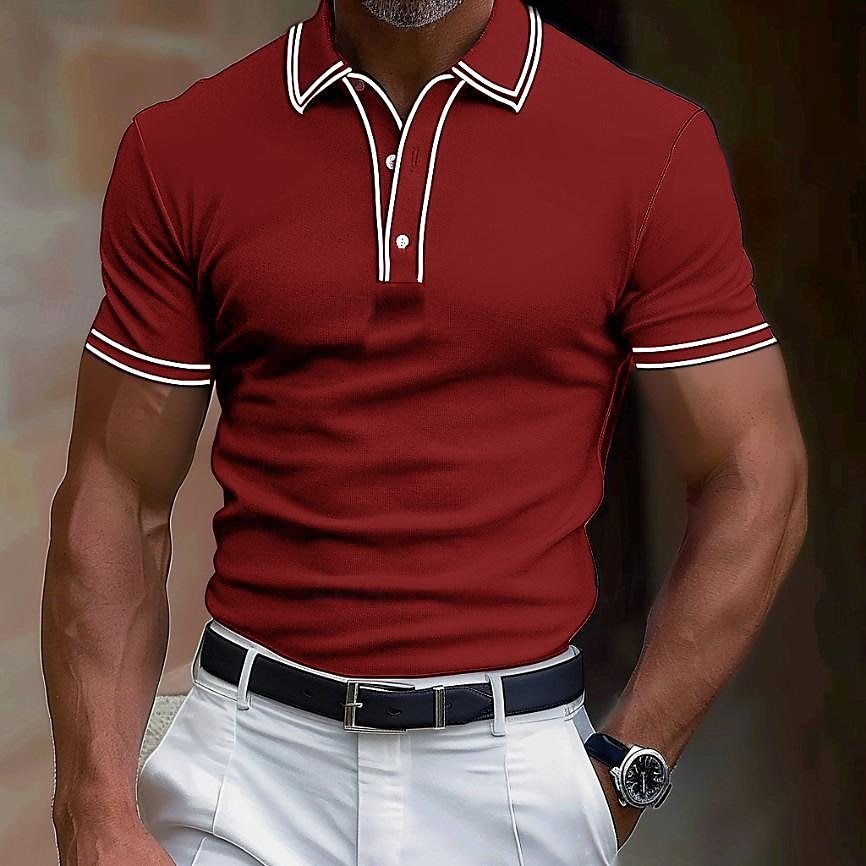 Man wearing fitted maroon short sleeve polo shirt with white trim and white pants with black belt