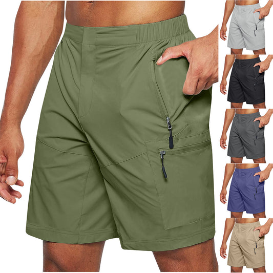 Men's casual knee-length outdoor shorts with elastic waist and zipper pockets in multiple colors