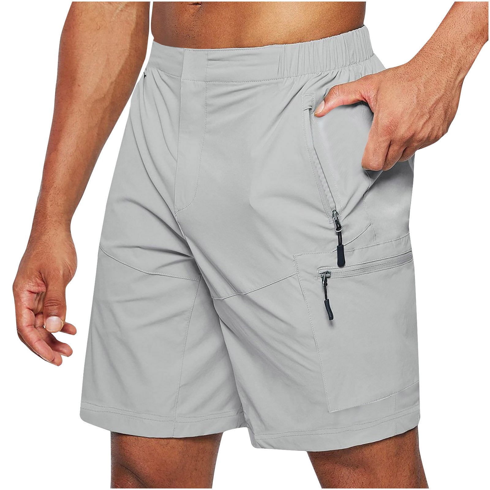 Men's light gray knee-length casual shorts with elastic waist and zippered pockets