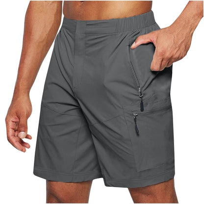 Men's black casual shorts with elastic waistband and zippered pockets, knee-length summer wear