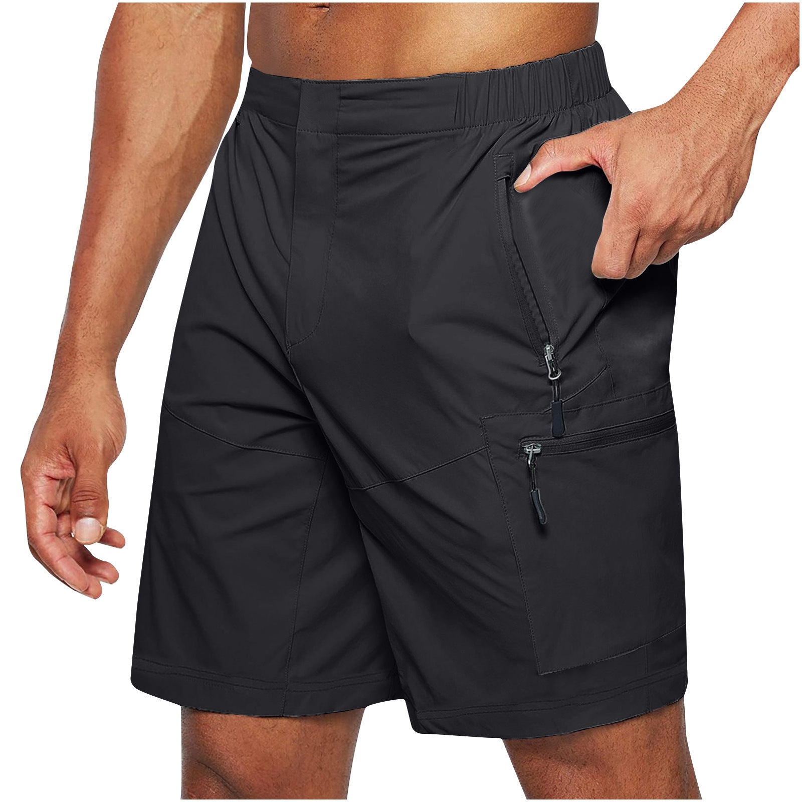 Men's black casual shorts with elastic waist and zippered pockets, knee-length summer outdoor wear