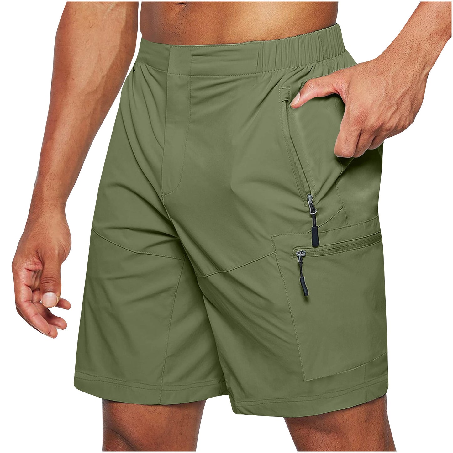 Mens olive green casual shorts with elastic waistband and zippered pockets, knee-length summer wear